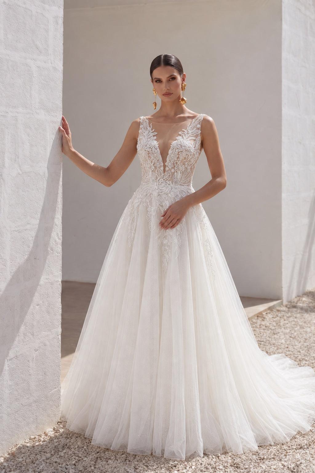 A-Line Chapel Train Lace Tulle Wedding Dress CW3241 - 35 Days / As Picture:Ivory/Sand / US0-UK2-EUR30 - COCOMELODY